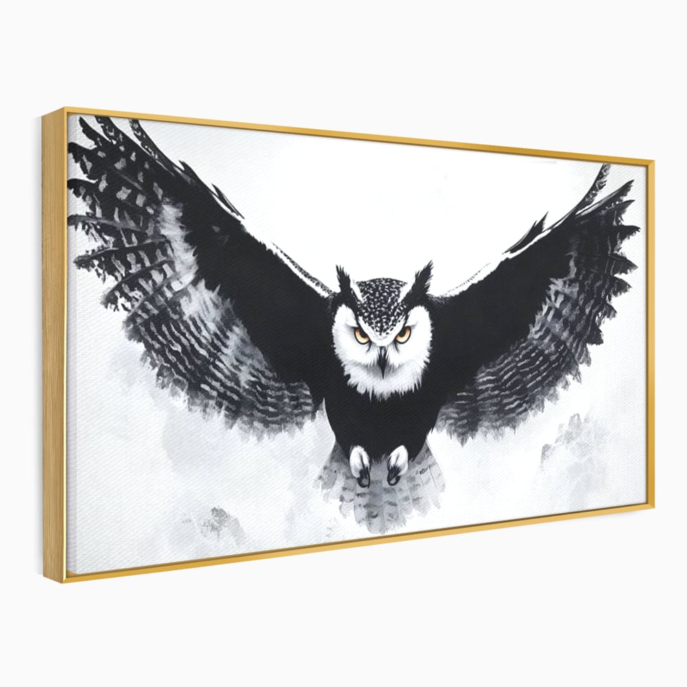 Tablou canvas cu tablou canvas cu bufnita in zbor, in rama de aluminiu auriu